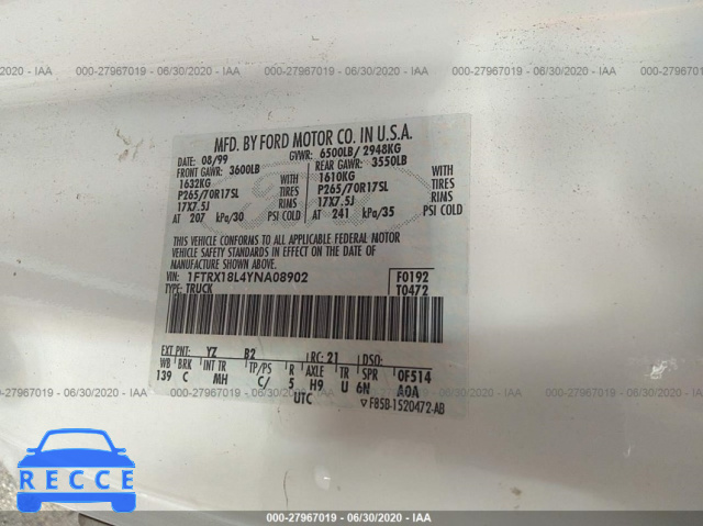 2000 FORD F-150 1FTRX18L4YNA08902 image 8