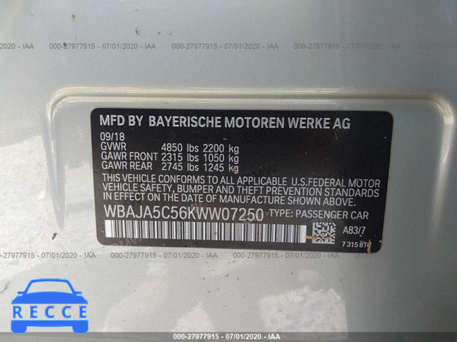 2019 BMW 530 I WBAJA5C56KWW07250 зображення 8