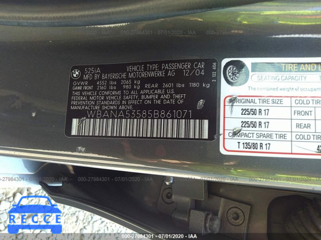 2005 BMW 5 SERIES 525I WBANA53585B861071 зображення 8