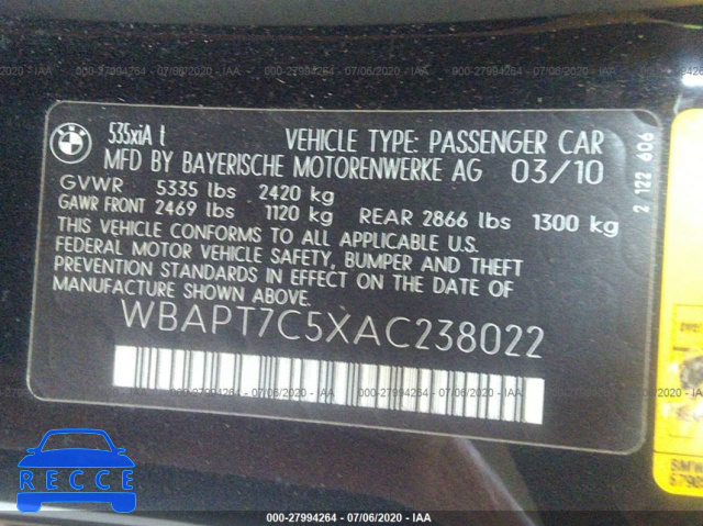 2010 BMW 535 XI WBAPT7C5XAC238022 зображення 8