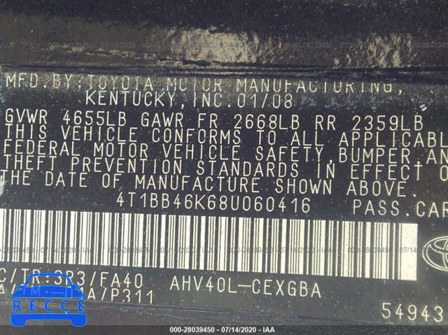 2008 TOYOTA CAMRY HYBRID 4T1BB46K68U060416 image 8