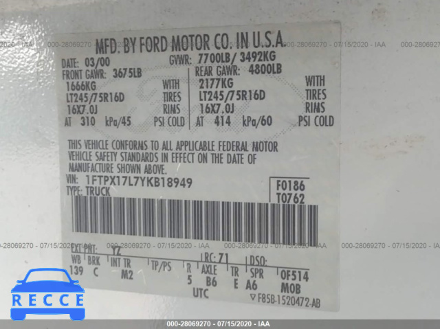 2000 FORD F-150 1FTPX17L7YKB18949 image 8
