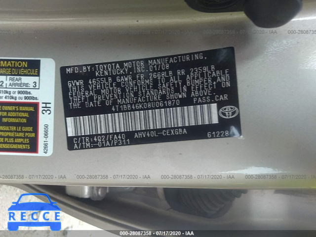 2008 TOYOTA CAMRY HYBRID 4T1BB46K08U061870 image 8
