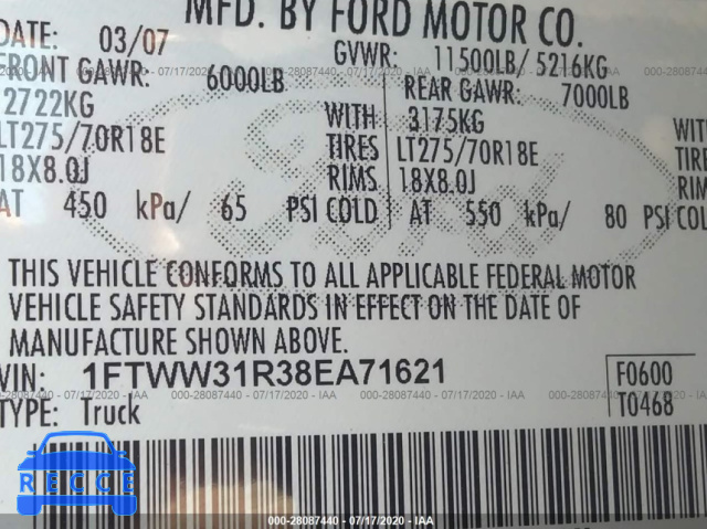 2008 FORD SUPER DUTY F-350 SRW XL/XLT/FX4/LARIAT 1FTWW31R38EA71621 image 8