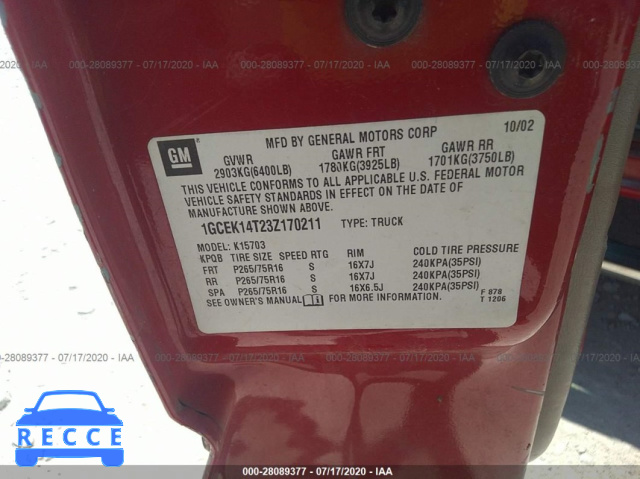 2003 CHEVROLET SILVERADO 1500 K1500 1GCEK14T23Z170211 image 8
