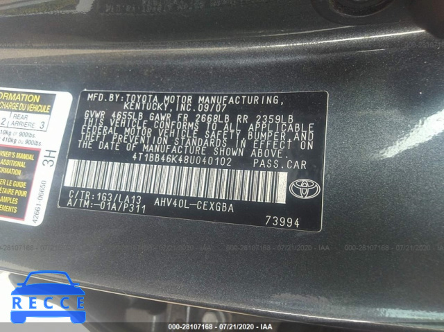 2008 TOYOTA CAMRY HYBRID HYBRID 4T1BB46K48U040102 image 8