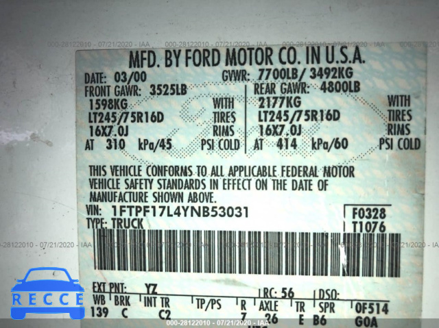 2000 FORD F-150 1FTPF17L4YNB53031 image 8