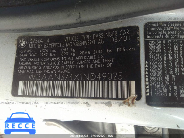 2001 BMW 3 SERIES 325I WBAAN374X1ND49025 image 8