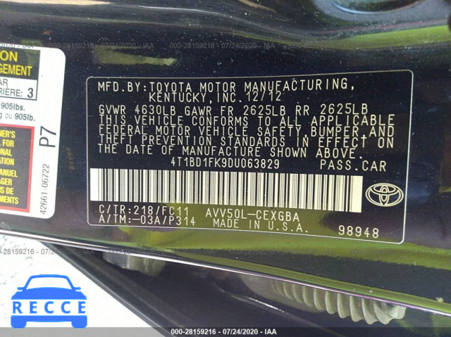 2013 TOYOTA CAMRY HYBRID LE/XLE 4T1BD1FK9DU063829 image 8