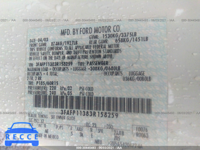 2003 FORD ZX2 ZX2 3FAFP11383R158259 image 8