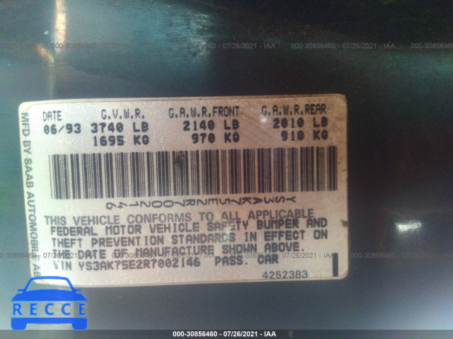 1994 SAAB 900 S YS3AK75E2R7002146 image 8