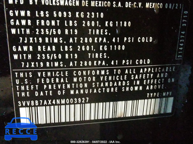 2022 VOLKSWAGEN TIGUAN SE R-LINE BLACK 3VV8B7AX4NM003927 image 8
