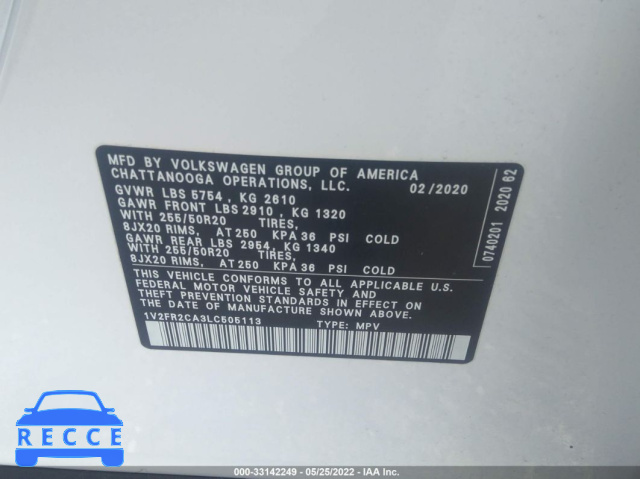 2020 VOLKSWAGEN ATLAS 3.6L V6 SE W 1V2FR2CA3LC505113 image 8