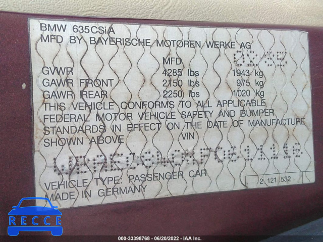 1985 BMW 635 CSI AUTOMATICATIC WBAEC840XF0611116 image 8