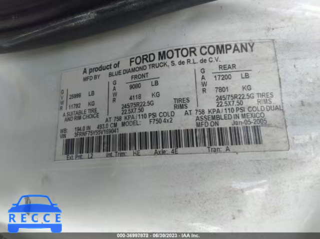 2005 FORD SUPER DUTY F-750 XL/XLT 3FRNF75Y55V169041 image 8