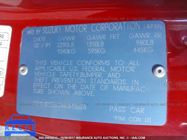 1991 GEO METRO LSI/SPRINT/CL JG1MR3361MK613028 image 8