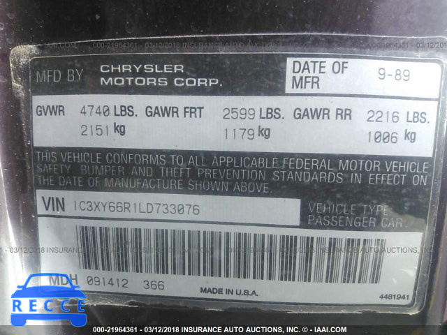 1990 CHRYSLER NEW YORKER FIFTH AVENUE 1C3XY66R1LD733076 image 7