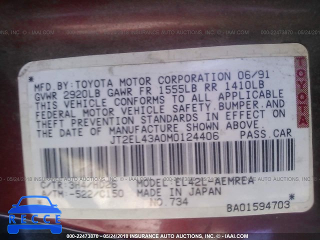 1991 TOYOTA TERCEL DELUXE JT2EL43A0M0124406 image 8