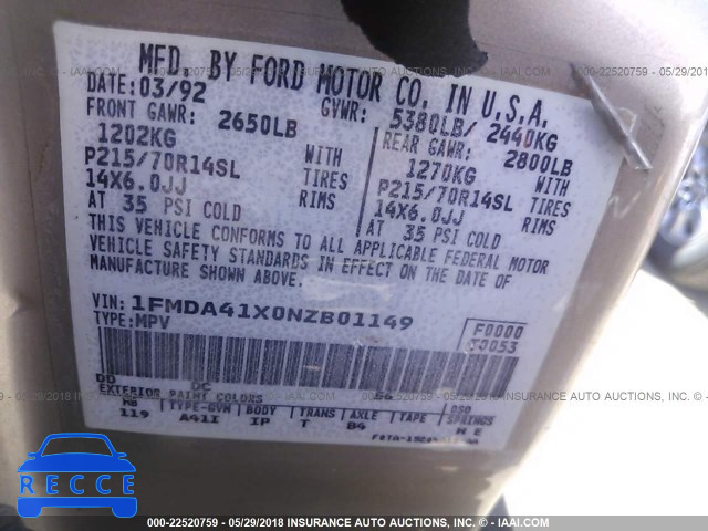 1992 FORD AEROSTAR 1FMDA41X0NZB01149 Bild 8