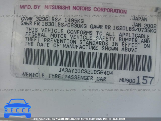2002 MITSUBISHI MIRAGE LS JA3AY31C32U056404 зображення 8