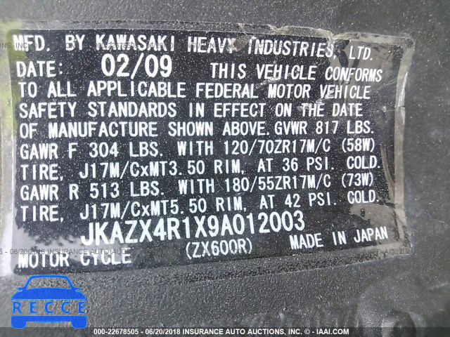 2009 KAWASAKI ZX600 R JKAZX4R1X9A012003 image 9