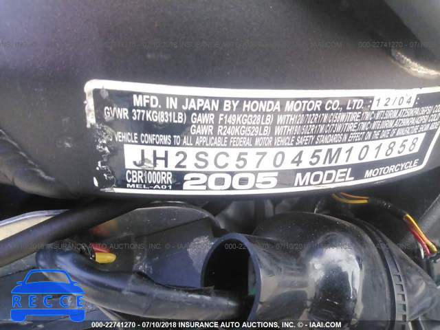 2005 HONDA CBR1000 RR JH2SC57045M101858 image 9