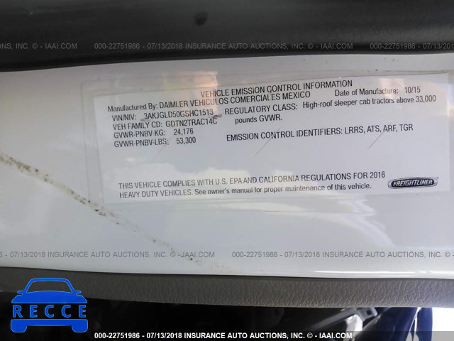 2016 FREIGHTLINER CASCADIA 125 3AKJGLD50GSHC1513 зображення 9