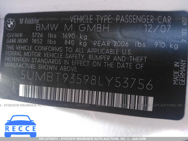 2008 BMW M ROADSTER 5UMBT93598LY53756 image 8