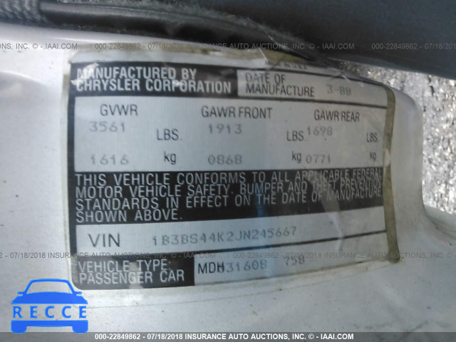 1988 DODGE SHADOW 1B3BS44K2JN245667 image 8