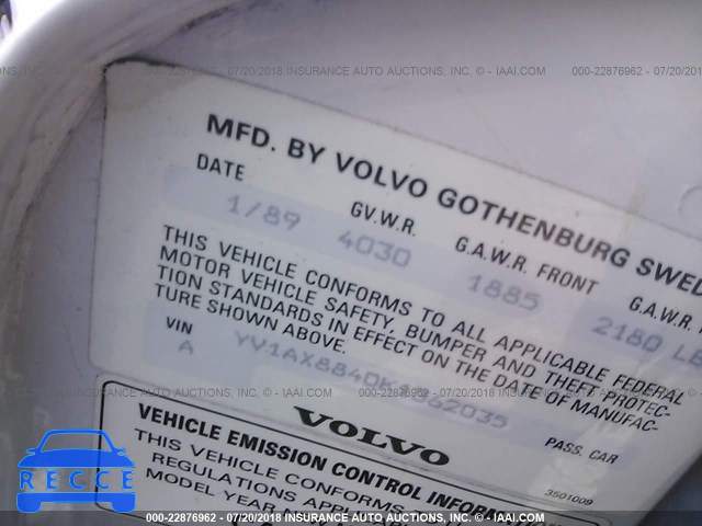 1989 VOLVO 244 DL/GL YV1AX8840K1362035 Bild 8
