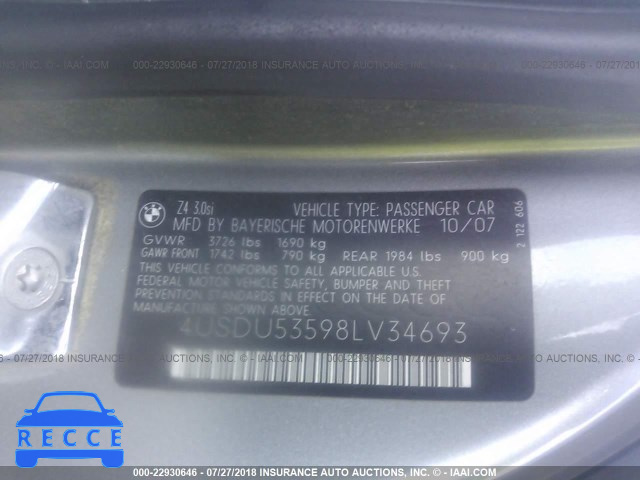 2008 BMW Z4 3.0SI 4USDU53598LV34693 зображення 8