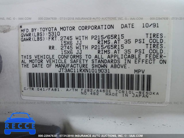 1992 TOYOTA PREVIA DLX JT3AC11RXN1019031 image 8