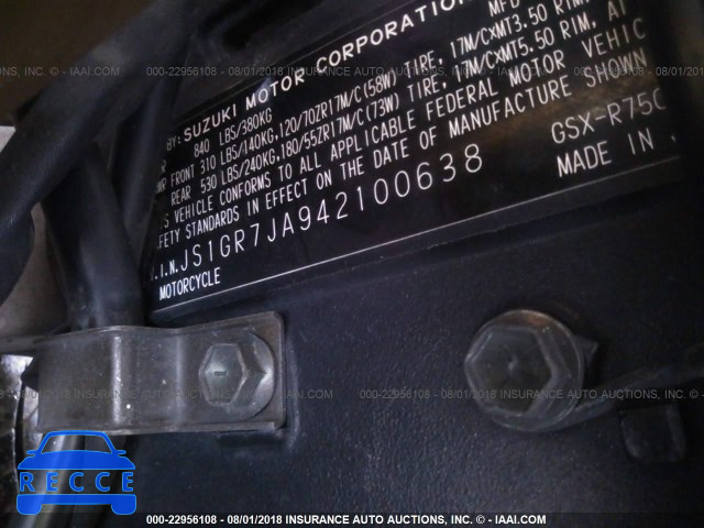 2004 SUZUKI GSX-R750 K JS1GR7JA942100638 image 8