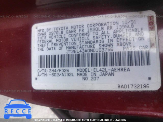 1992 TOYOTA TERCEL DELUXE JT2EL43A0N0163756 image 8