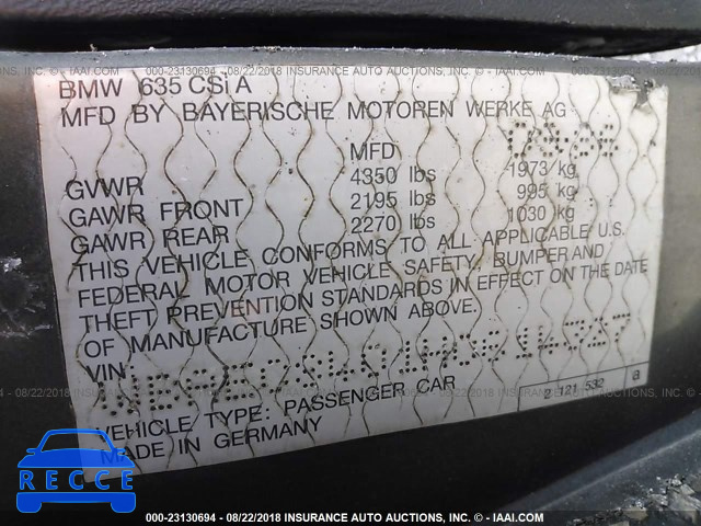 1987 BMW 635 CSI AUTOMATICATIC/L6 WBAEC8401H0614327 image 8