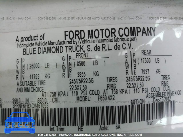 2012 FORD F650 SUPER DUTY 3FRNF6FBXCV467053 зображення 8