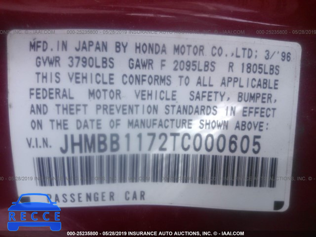 1996 HONDA PRELUDE SR-V JHMBB1172TC000605 image 8
