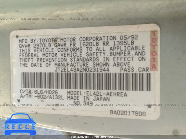 1992 TOYOTA TERCEL DELUXE JT2EL43A2N0231944 image 8