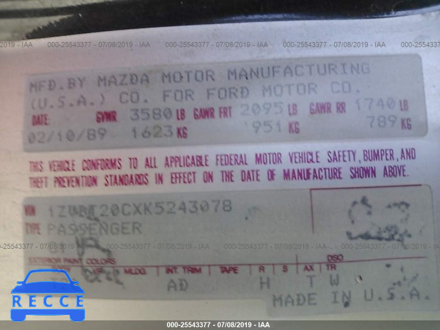 1989 FORD PROBE GL 1ZVBT20CXK5243078 image 8