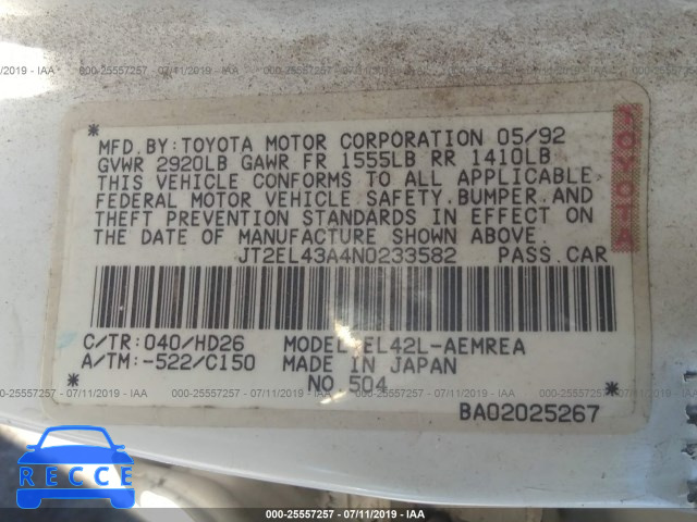 1992 TOYOTA TERCEL DELUXE JT2EL43A4N0233582 image 8