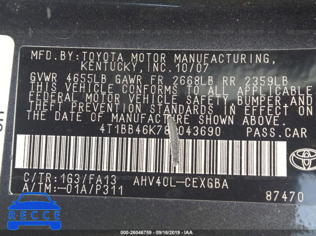2008 TOYOTA CAMRY HYBRID HYBRID 4T1BB46K78U043690 image 8