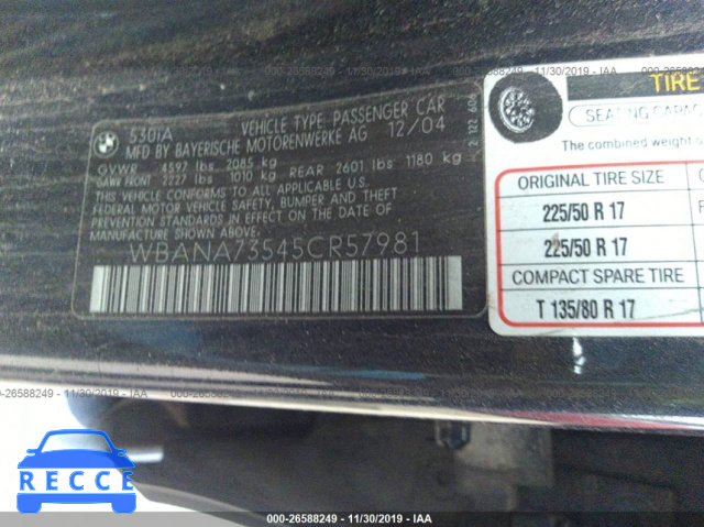 2005 BMW 5 SERIES I WBANA73545CR57981 Bild 8