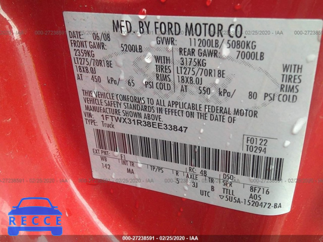 2008 FORD SUPER DUTY F-350 SRW XL/XLT/FX4/LARIAT 1FTWX31R38EE33847 image 8