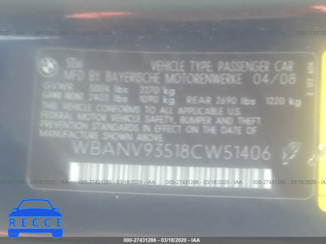 2008 BMW 5 SERIES XI WBANV93518CW51406 Bild 8