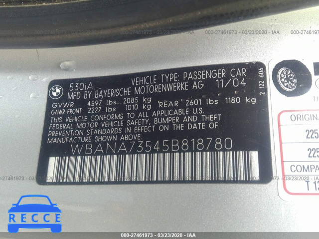 2005 BMW 5 SERIES I WBANA73545B818780 Bild 8
