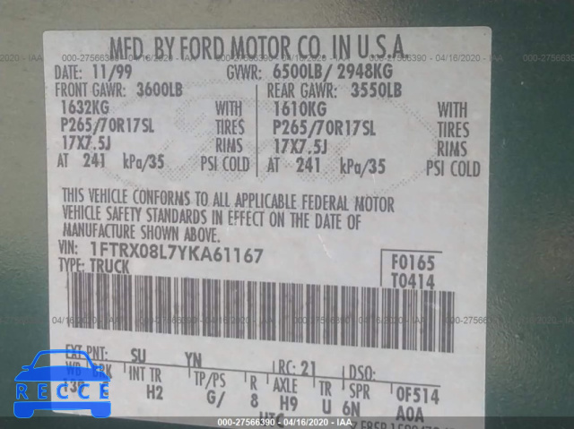 2000 FORD F-150 1FTRX08L7YKA61167 image 8