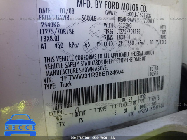2008 FORD SUPER DUTY F-350 SRW XL/XLT/FX4/LARIAT 1FTWW31R98ED24604 image 5