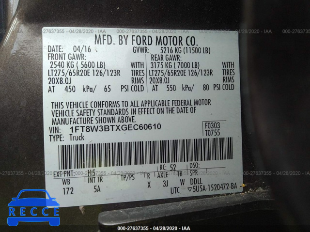 2016 FORD SUPER DUTY F-350 SRW PLATINUM/XL/XLT/LARIAT 1FT8W3BTXGEC60610 image 8