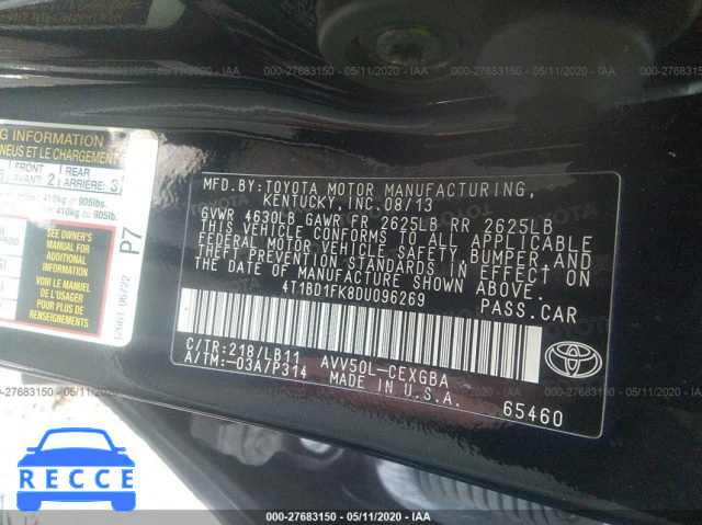 2013 TOYOTA CAMRY HYBRID HYBRID/LE/XLE 4T1BD1FK8DU096269 image 8