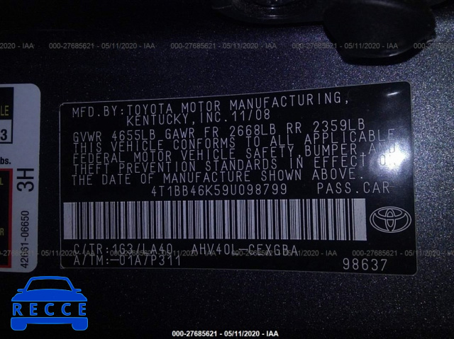 2009 TOYOTA CAMRY HYBRID HYBRID 4T1BB46K59U098799 image 8